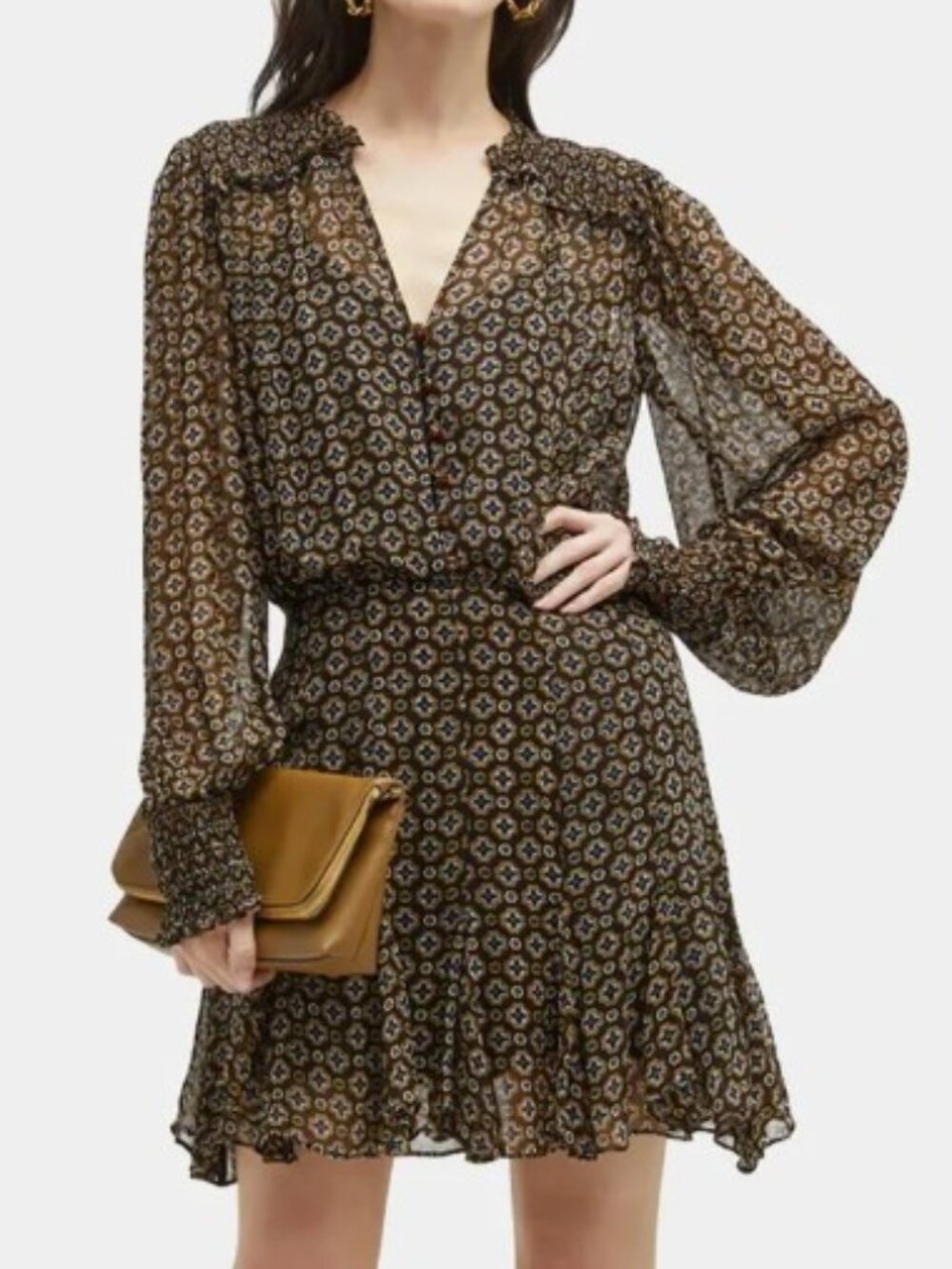 Veronica Beard Sacchi Black Geometric Print Long Sleeve Mini Dress Size 10